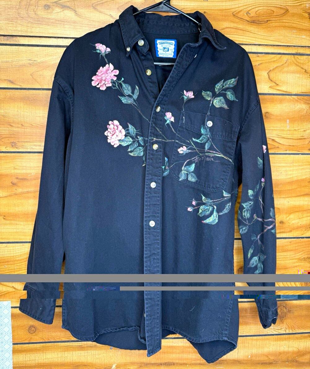 Vintage Lee Womens Denim Cotton Black Floral Button-Front Hand Painted SZ L